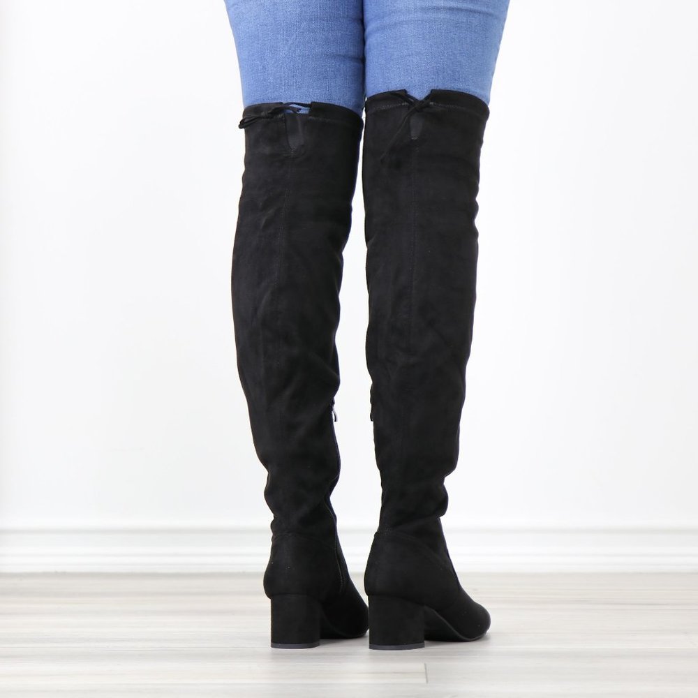 Black Faux Suede Pointy Toe Thigh High Over The Knee Low Block Heel Boots_11